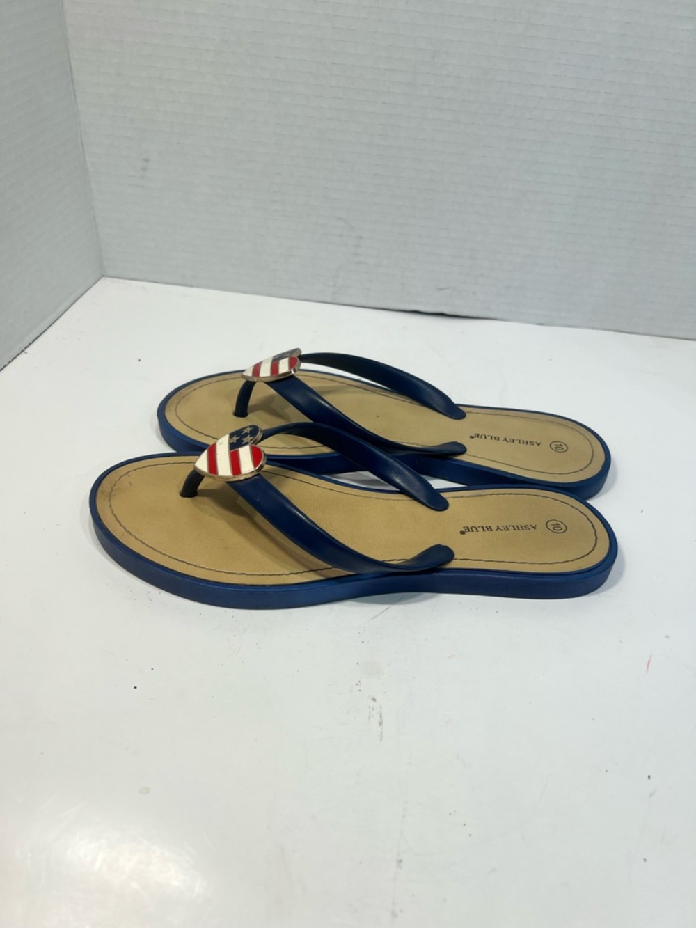 Ashley Blue Navy Flip Flop Sandals with Red & White Stripe Accent